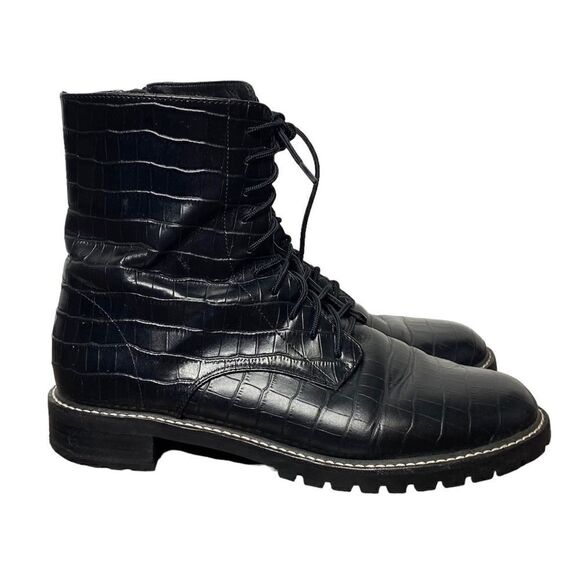 Reformation Amelia Black Leather Croc Embossed Lace Up Combat Boots 9.5 - Picture 1 of 8